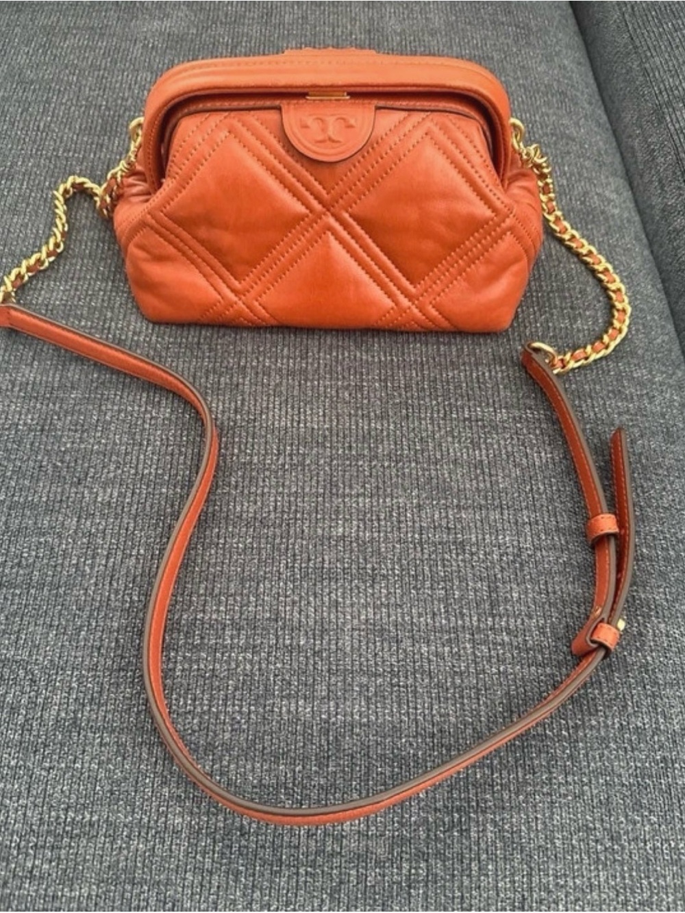 Tory Burch Quilted Leather Crossbody Bag in Burnt Orange with Gold Chain